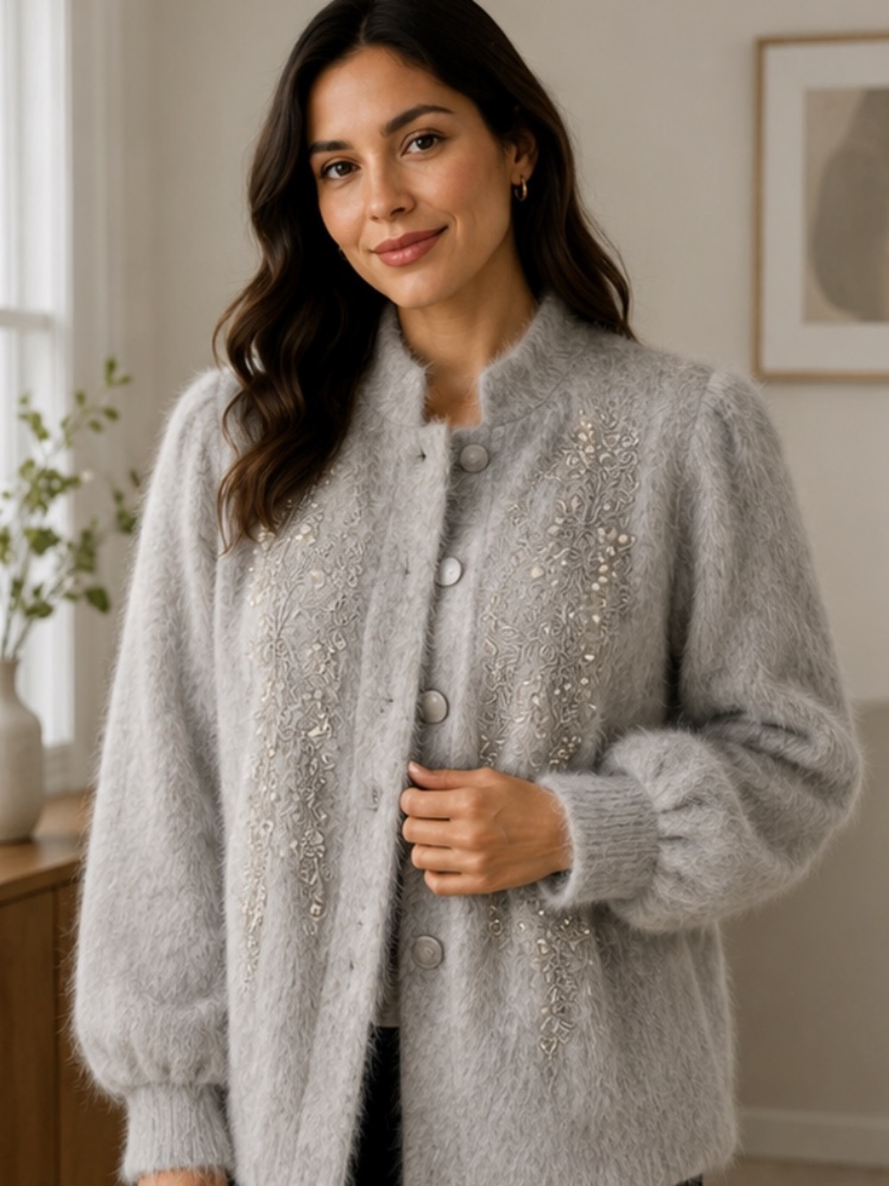 Lee Sands rabbit angora gray embroidered pearl   fuzzy jacket one size plus